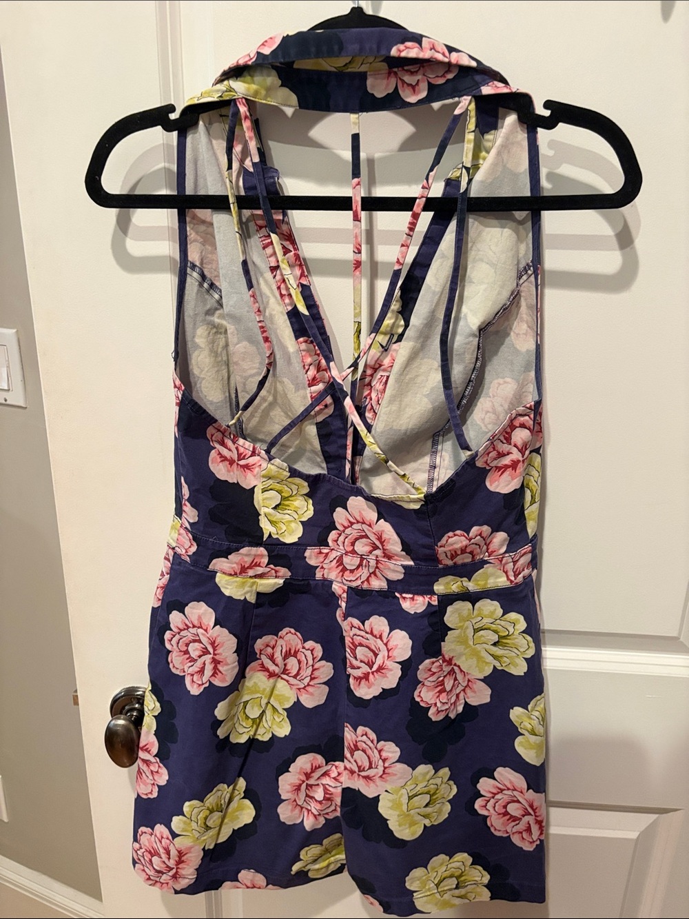 Maeve Purple Floral Button-Front Halter Romper with Pink & Yellow Blooms - Picture 5 of 6